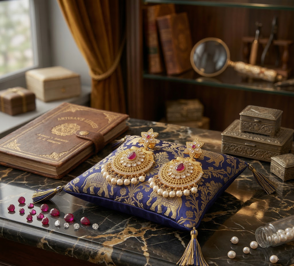 GIVA Regal Chandbali Earrings with Ruby Accents