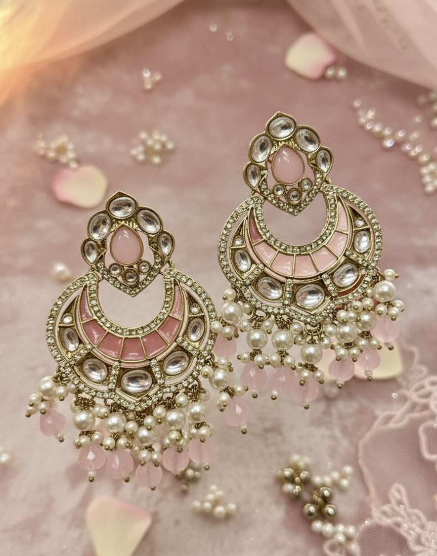Royal Rose Quartz Kundan Chandbali Earrings