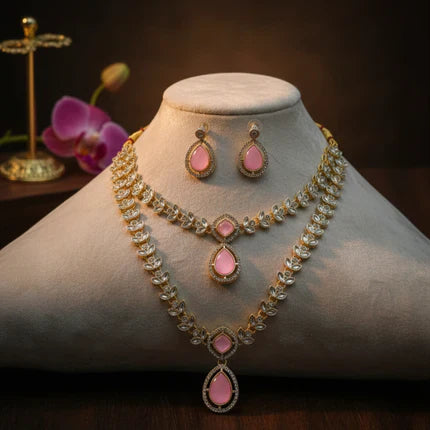 Elegant Ruby Drop Diamond Necklace Set